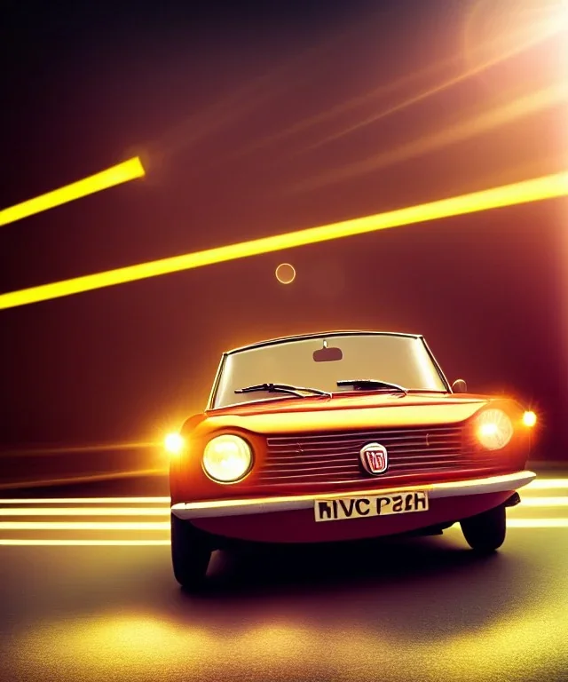 fiat 125p, city. high speed. bokeh. lens flare. warm lights. high detailed. oil on canvas