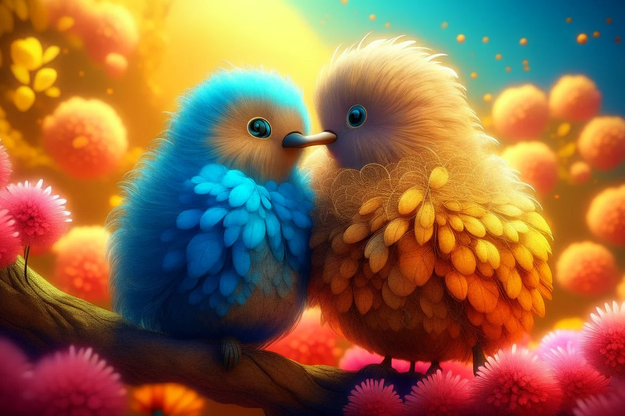 Very fluffy bird couple love, flora, in sparkling sunshine Weight:1 detailed matte painting Weight:0.9