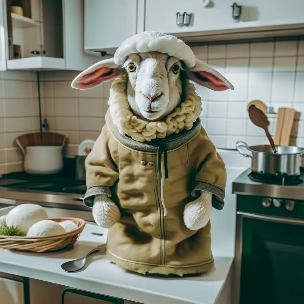 A sheepFunny and cute in the shape of a sheep, wearing a cooking outfit that looks the same color as its skin, in the kitchen, cooking