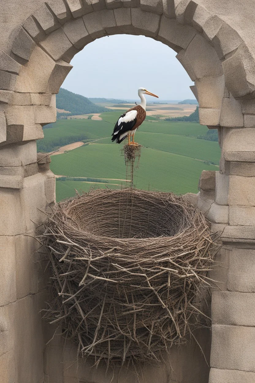 on top of the stone statue of the crucified Jesus is a huge stork's nest with storks