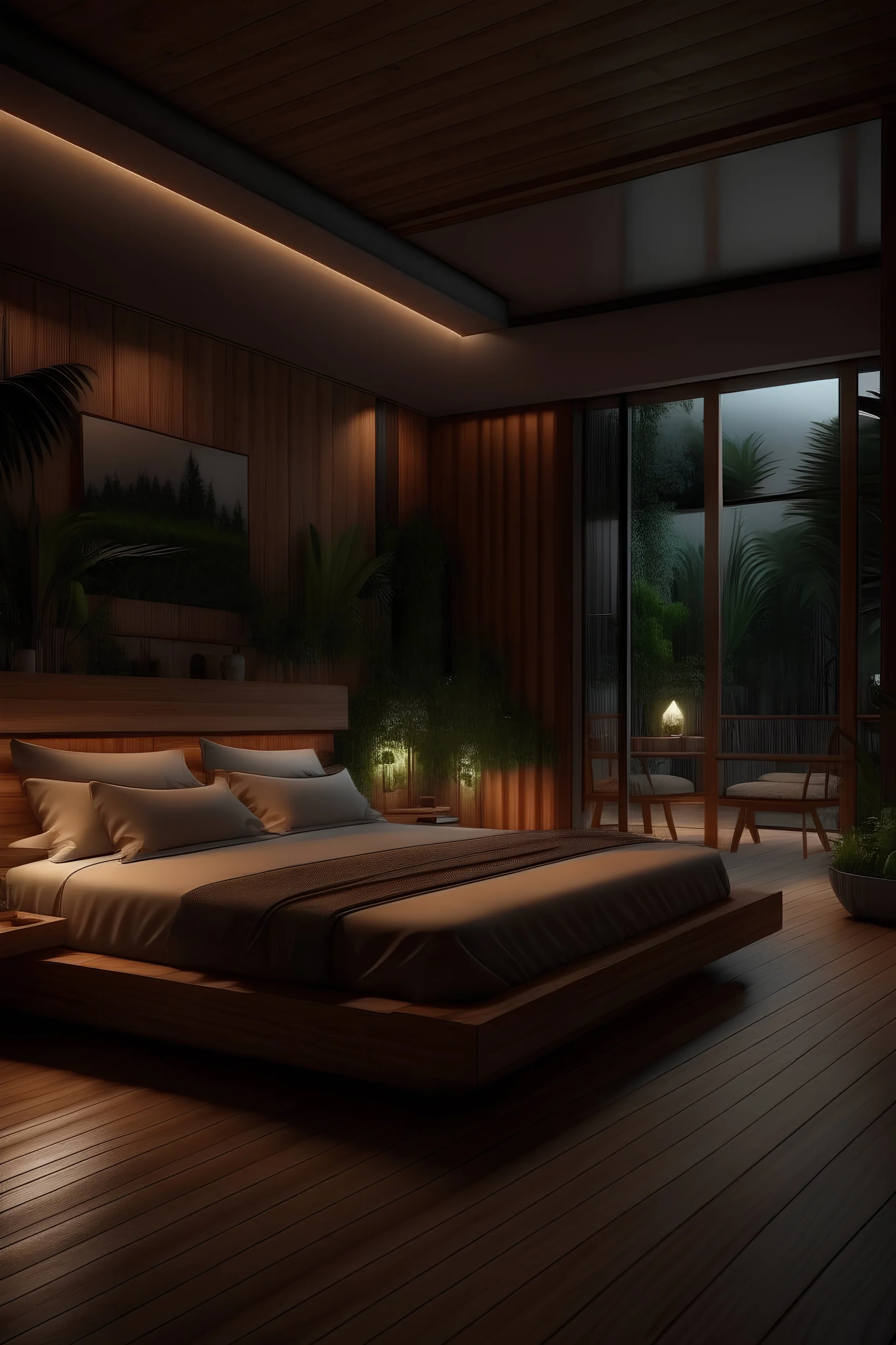 Generate a bedroom at night, with windows, made out of wood, night tables, a big bed, vegetation and a tv. With interior design and attention to details.