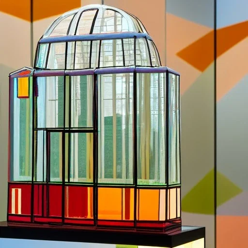 an architectural model of a colorful glass gondola on display in a contemporary art gallery in a bell jar, caustics reflections, symmetrical, pointed arches, frosted glass, muted fall colors, glossy from rain, rayonnant style