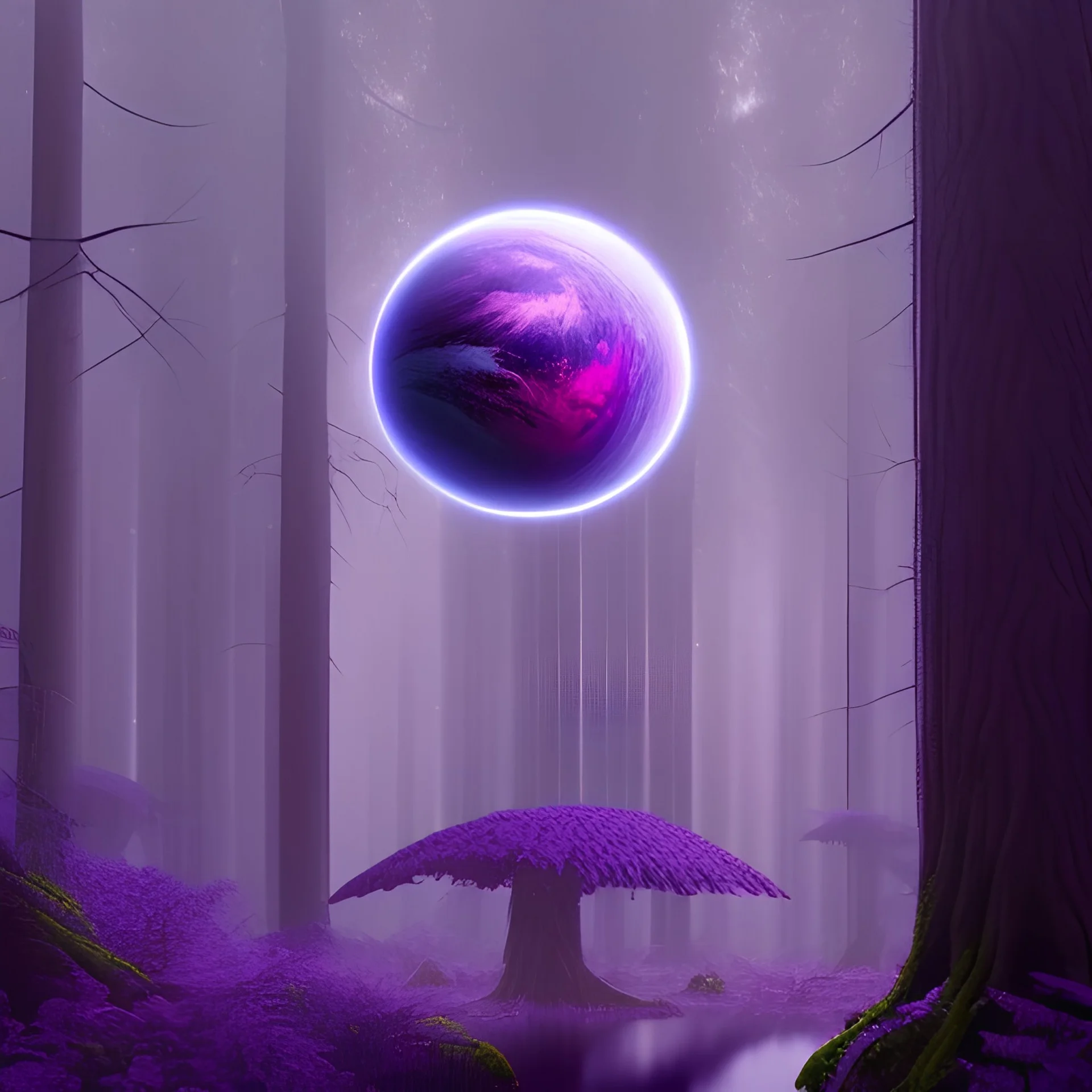 rainy forest with a purple planet over the land