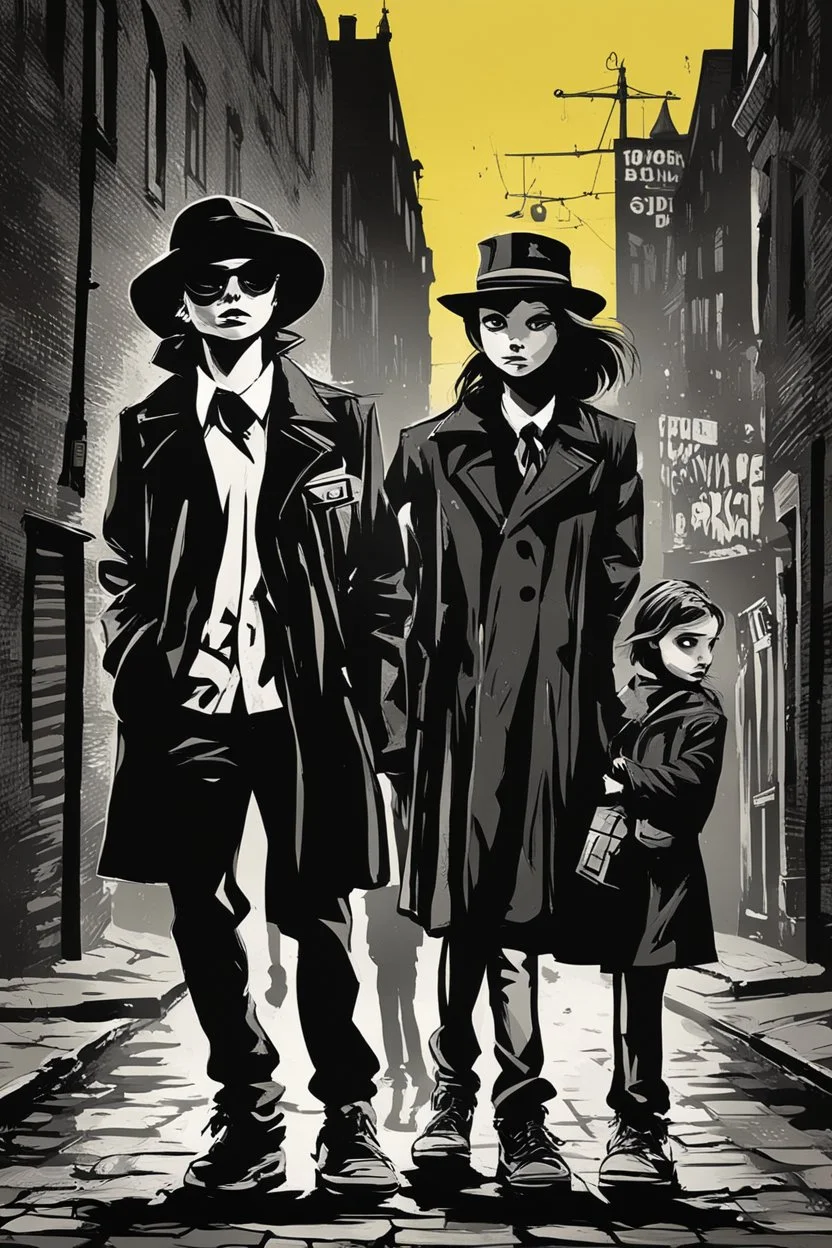 Design a detective book cover for teenagers. A teenage girl in the centre, one boy on her left, and one on her right are on the town street. Black cat as a company of a girl. Banksy style, pop art style, dark mood, mysterious atmosphere