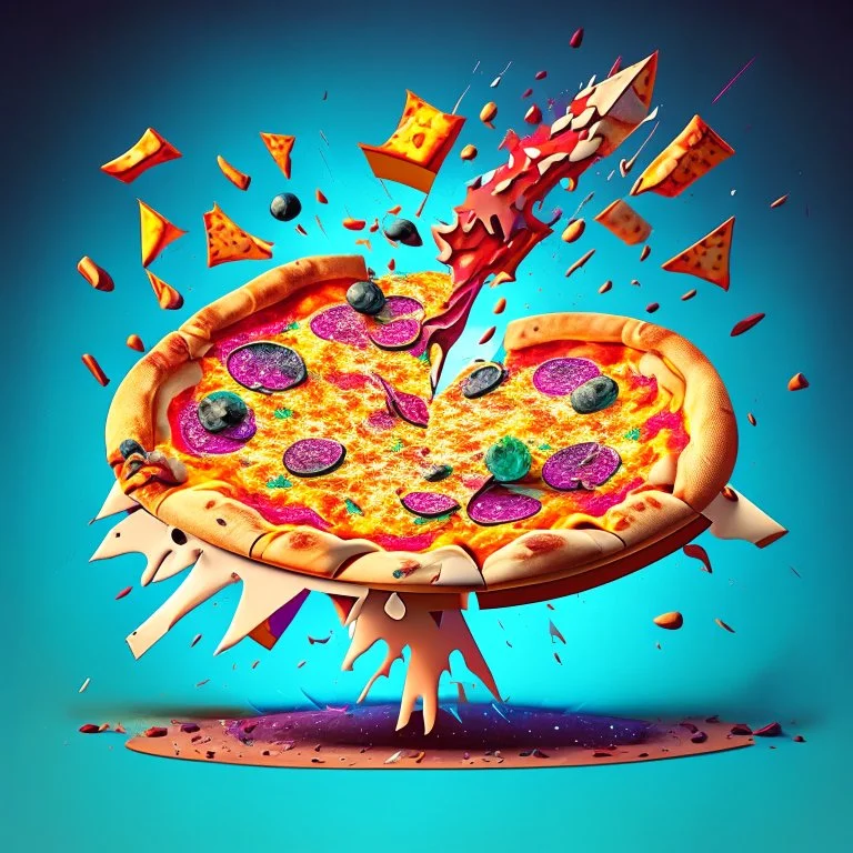 Imagina una gran pizza redonda sobre una mesa explotando pedazos saltando por el aire arte cartoon detallada colores contrastantes