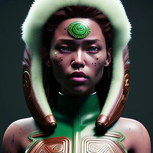 Pretty maori woman, rounded face, green, brown, hoodie, feathers, retro, latex, leather, soft color, highly detailed, art stations, concept art, smooth, unreal engine 5, god rays, ray tracing, RTX, lumen lighting, ultra detail, volumetric lighting, 3d, finely drawn, high definition, high resolution, neon background.