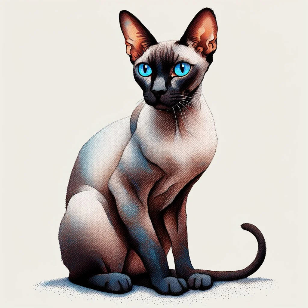 beautiful blue eyed, tall ,long legged, slender, elegant, sophisticated, sphynx-like chocolate point siamese cat expressionism pointillism style