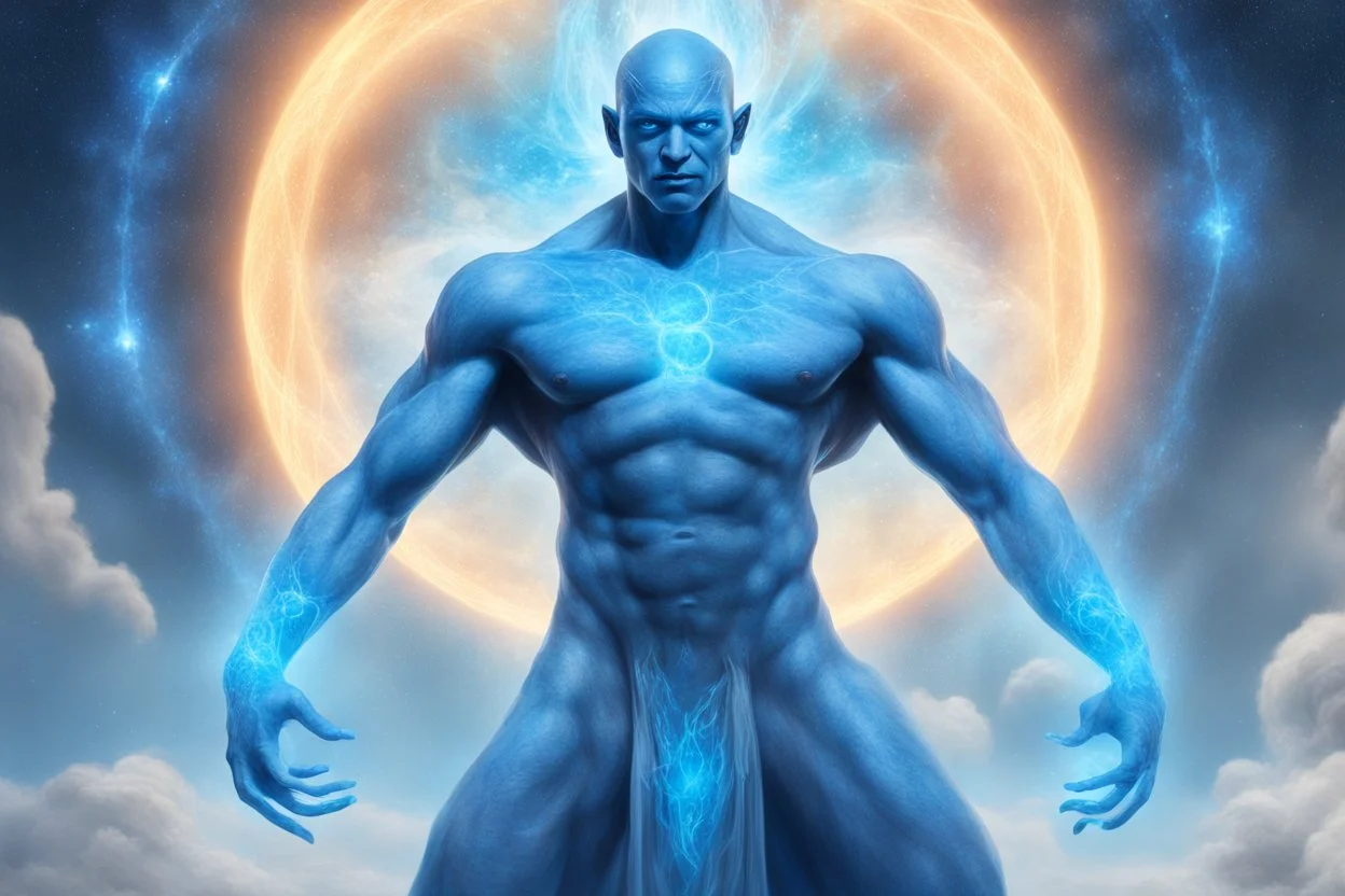 A majestic full-body portrait of a Cosmic Spirit manifested as a strong, tall man with vibrant glowing blue skin. He has a good structure and imposing yet graceful physique. His face has soft, wise and deeply loving features with a gentle, sweet gaze looking directly at the viewer. Warm, welcoming and embracing posture with arms slightly open. He is standing immersed in magical luminous blue water that sparkles with brilliant light rays and reflections. The background is a breathtaking