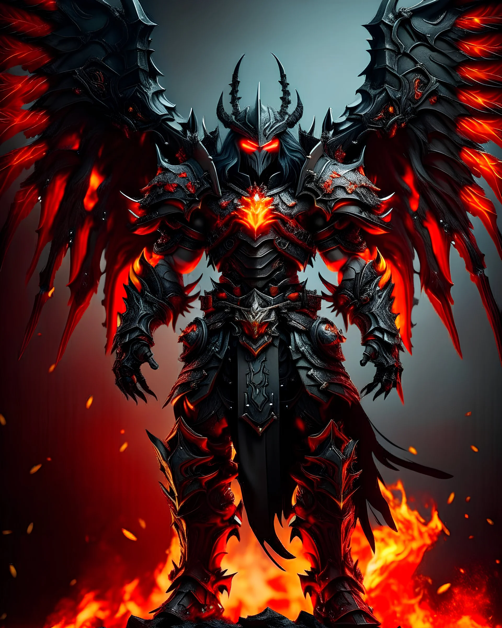 black and orange molten knight with fiery chains surrounding the arms, holding a massive black and orange fiery glaive, molten hair coming out the helmet, black cloak