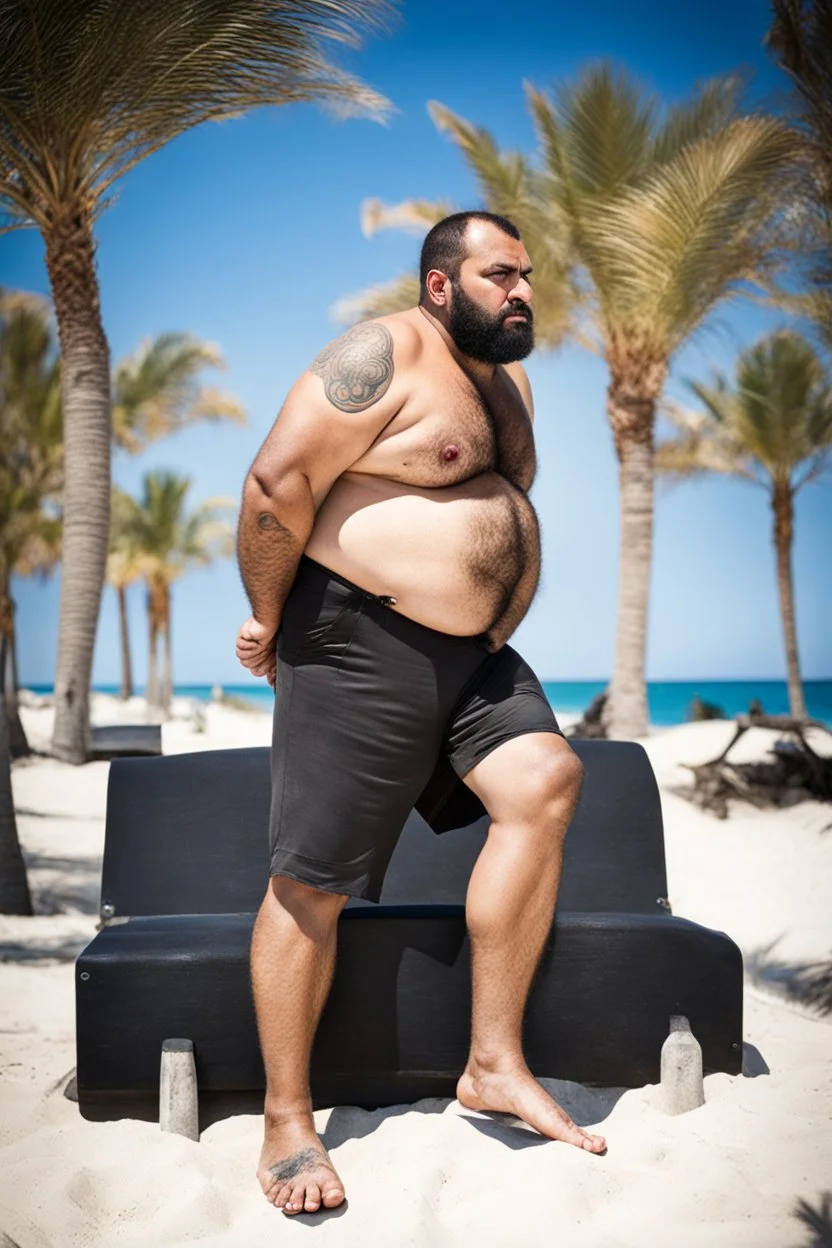 photography of a tired chubby hairy burly 35 years old ugly arab carpenter, big nose, tattoo, short beard, shaved hair, manly chest, angry eyes, open legs , on the beach in the sun, big shoulders, big tights, side light, ground view angle