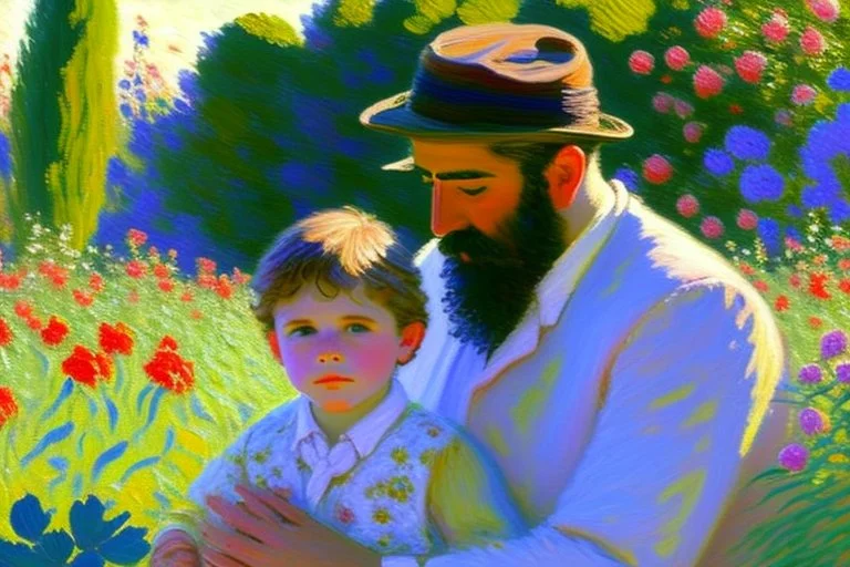 An oil painting of a father with his son in a flower garden by artist "Claude Monet"