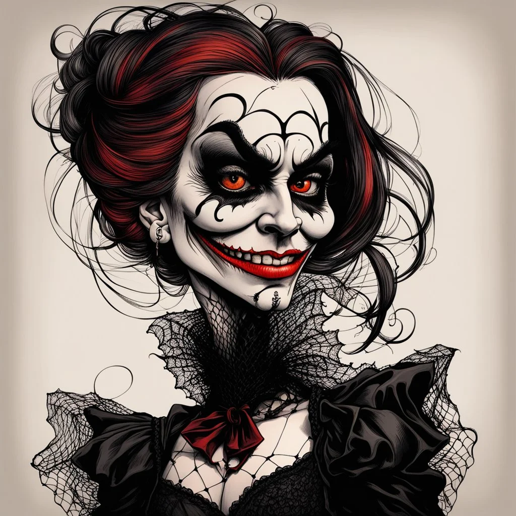 create a caricature of a sullen, gothpunk vampire girl with highly detailed and refined facial features and hair, clothed in an ornate Gothic rags and fishnet stockings, in the caricature cartoon style of Gerald Scarfe and Ralph Steadman, precisely drawn, boldly inked, vividly colored, 4k