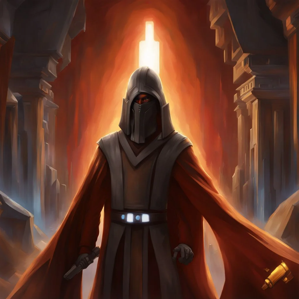 star wars bald male corellian jedi pilot wearing black and gunmetal grey old republic armored robes with gold trim, alone, battle-ready Jedi Master defending a ruined ancient city surrounded by golden light, centered head and shoulders portrait, hyperdetailed, dynamic lighting, hyperdetailed background, 8k resolution, volumetric lighting, light skin, fully symmetric details