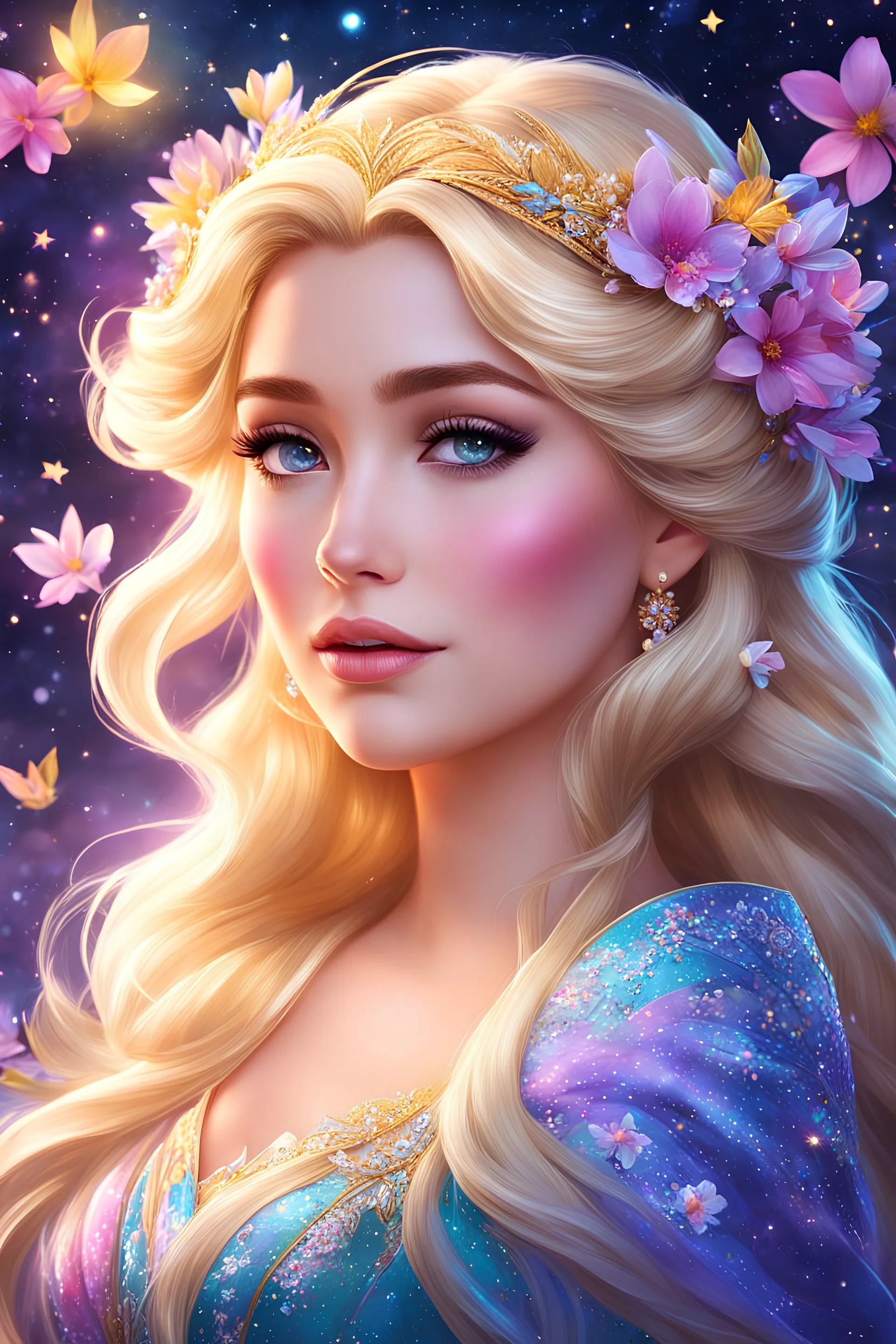 As the night sky casts its dreamy gaze upon Elsa, amidst the vibrant blossoms of spring, her blonde locks shimmer like a golden halo. highly detailed, digital art, beautiful detailed digital art, colorful, high quality, 4k