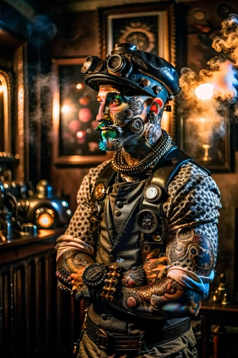 steampunk spaceman with tattoo of a human, scary tattooist in high end parlor, smoke, mist, lightrays, depth of field, photography