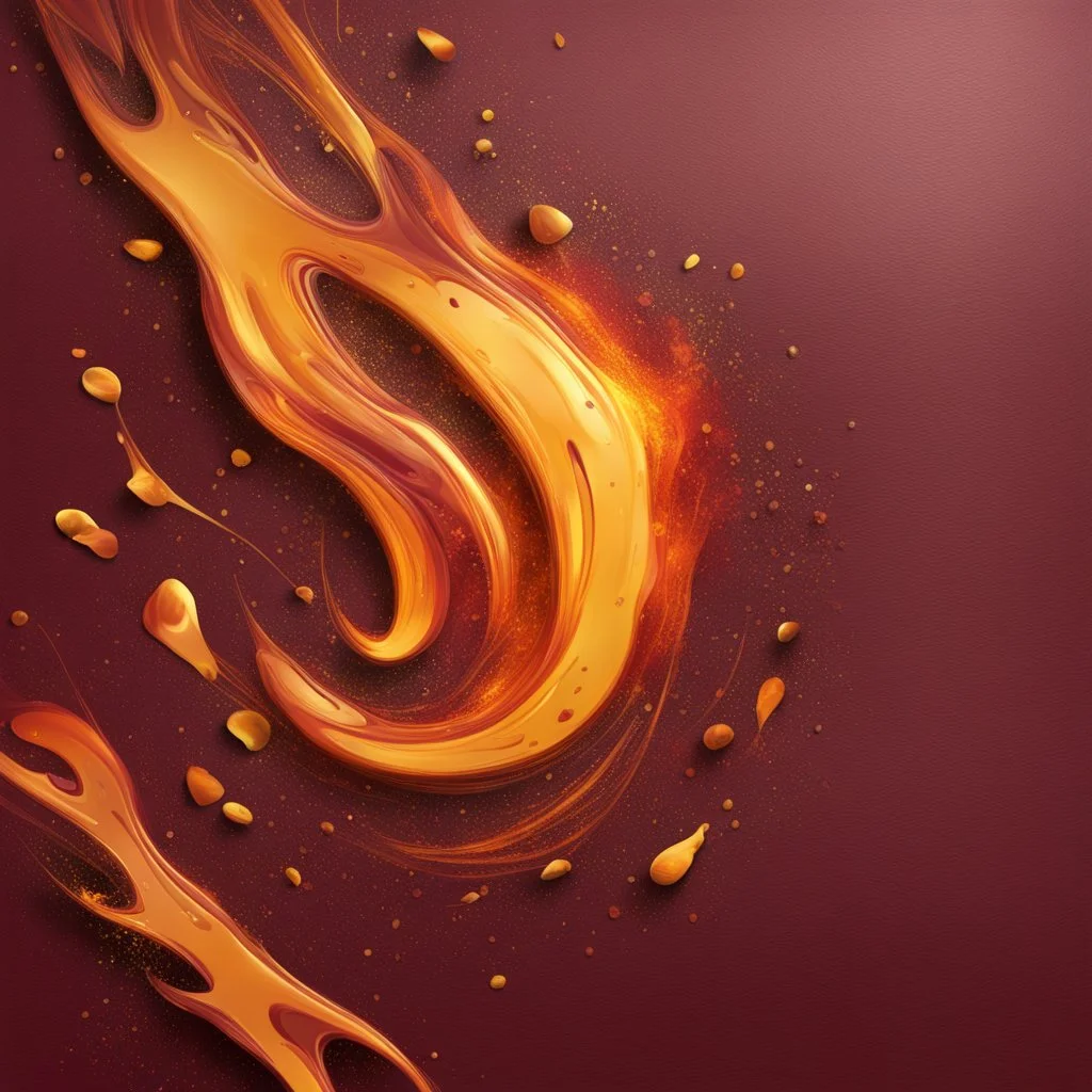 Hyper Realistic Glowing-Golden-Groovy-Paint-Patches on Maroon-&-Orange-background with fire-embers on it