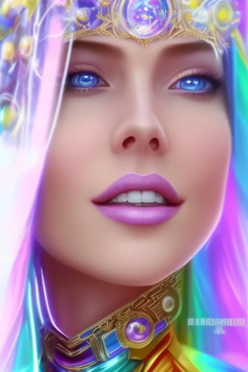 cosmic woman smile, admiral from the future, one fine whole face, crystalline skin, expressive blue eyes,rainbow, smiling lips, very nice smile, costume pleiadian, Beautiful tall woman pleiadian Galactic commander, ship, perfect datailed golden galactic suit, high rank, long hair, hand whit five perfect detailed finger, amazing big blue eyes, smilling mouth, high drfinition lips, cosmic happiness, bright colors, blue, pink, gold, jewels, realist, high commander