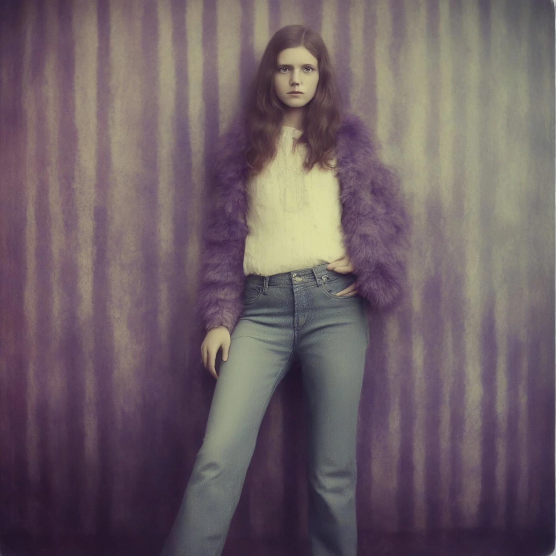 Lara ingalls,Hippie girl, jeans, purple fur, striped wallpaper, old autochrome