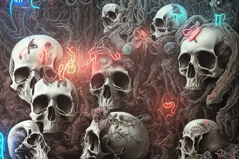 hundreds of non-anatomically correct, dark comic art, graphic novel,human skulls stacked into a wall unusual neon lighting, high velocity, 64k, dystopian, vray, a picture of a dark, comedic, anatomically correct wall of colorful tightly packed skulls of varying sizes and expressions, photo realistic, insanely meticulous, highly detailed, part of a collection of bones on display, 64k, dystopian, vray