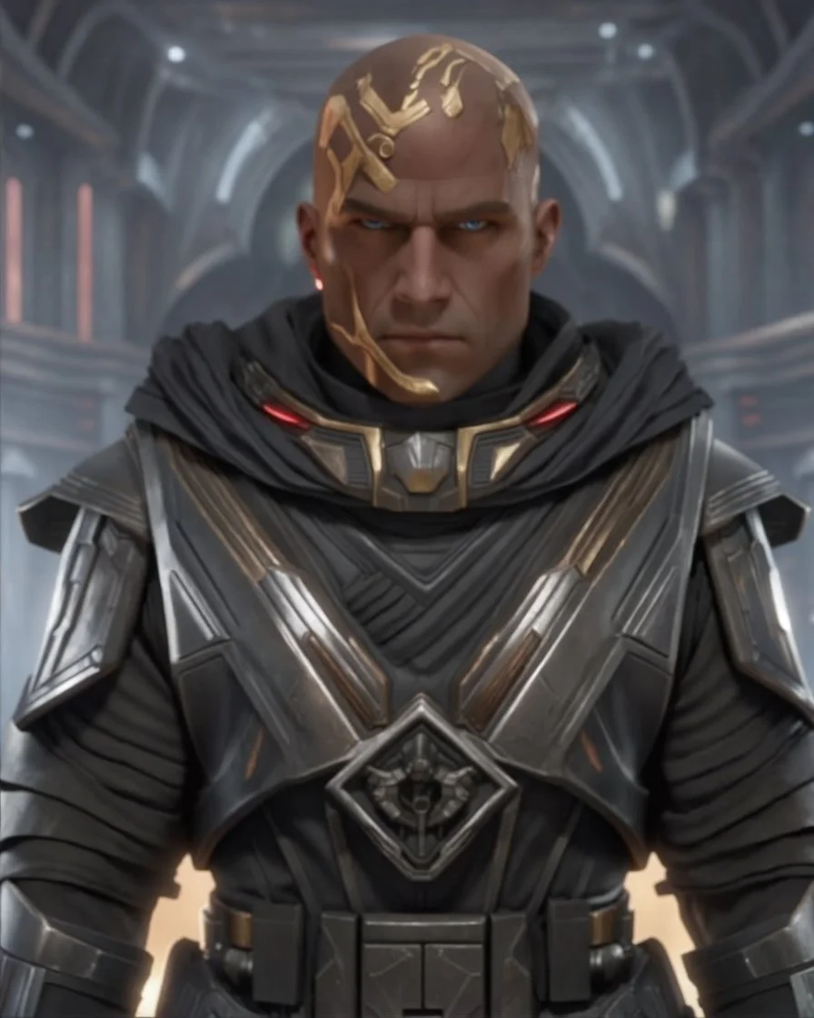 star wars bald male corellian jedi wearing gunmetal grey and black old republic armored flightsuit with gold and metallic red trim inside the jedi temple, centered head and shoulders portrait, hyperdetailed, dynamic lighting, hyperdetailed background, 8k resolution, volumetric lighting, light skin, fully symmetric details