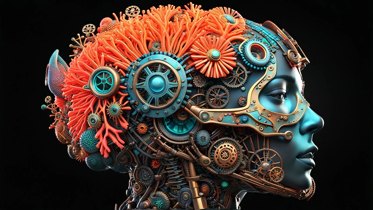 3D rendering of Expressively detailed and intricate of a hyperrealistic “neon steampunk head”: side view, scientific, single object, vivid colour, coral, fungi, black background, shamanism, cosmic fractals, octane render, 8k post-production, detailled metalic bones, dendritic, artstation: award-winning: professional portrait: atmospheric: commanding: fantastical: clarity: 16k: ultra quality: striking: brilliance: stunning colors: amazing depth