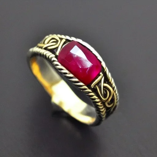 ruby ring with braided gold, celtic ring, nordic ring, viking ring, engraved carved band, runes, men's jewellery