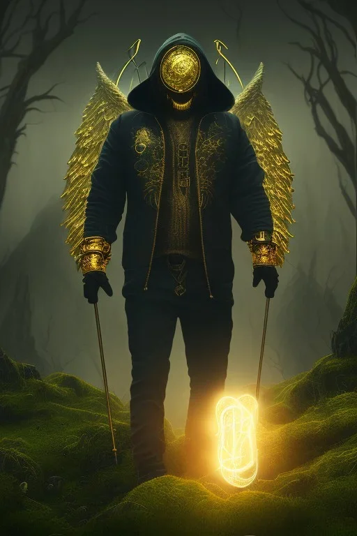 running berserker portrait , no face, black jogging suite , in the night Alps , holding coins , angels background, volumetric gold light, high detail, dark leaf tree, dark mountains in background, perfect, HR Giger style