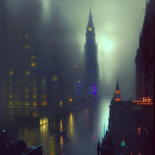Skyline,Piccadilly, Gotham city ,Neogothic architecture,by Jeremy mann, point perspective,intricate detail, Jean Baptiste Monge