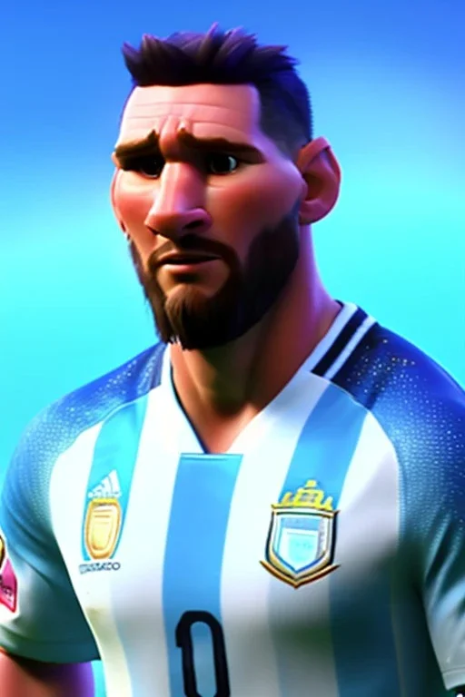 Realistic Messi Argentina soccer player Portrait, mid shot low view, concept art, artstation, 3d, photo studio, blue clean background, unreal engine 5, ray tracing, RTX, lumen lighting, ultra detail, volumetric lighting.