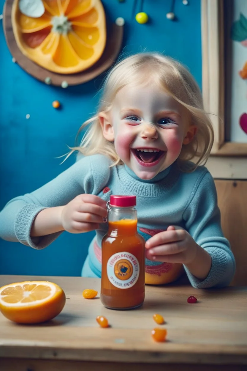 brand campaign for a new drink with orange and chili flavour with drunk blond child person high resolution