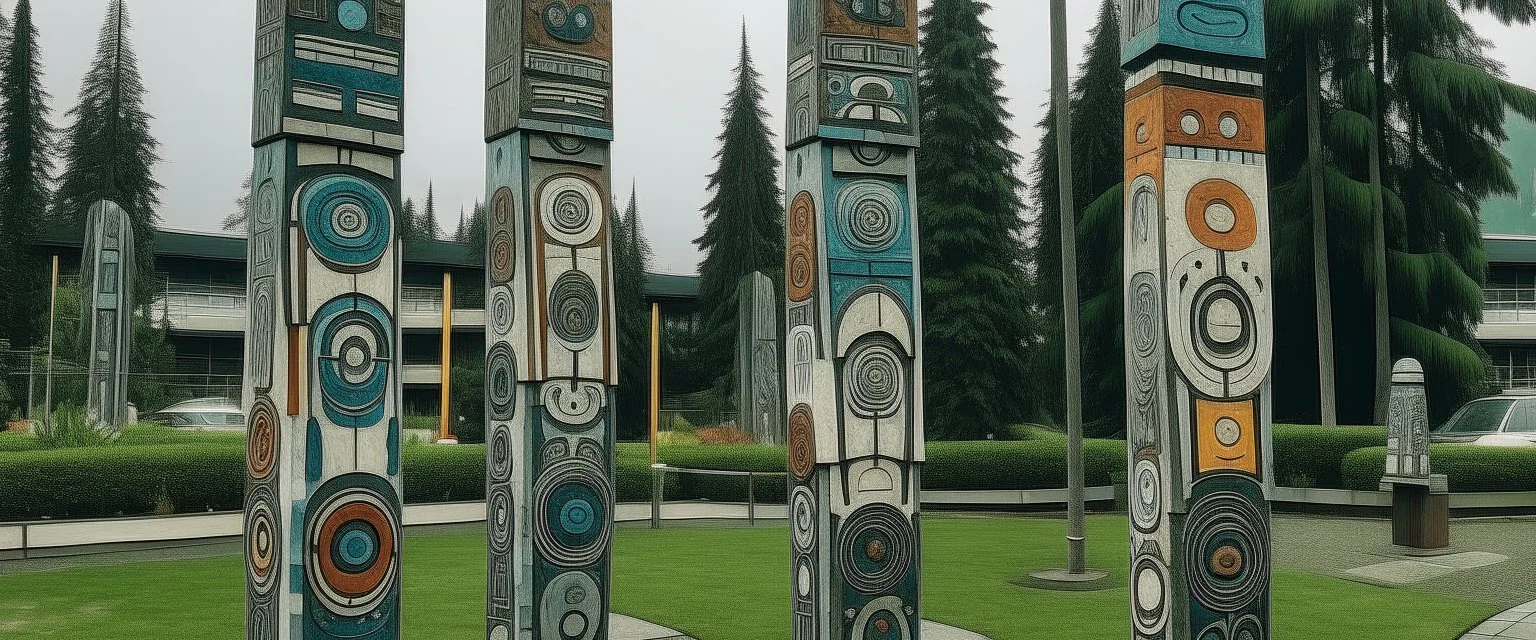 Bluish gray Pacific Northwest totem poles with circles on them painted by Wassily Kandinsky