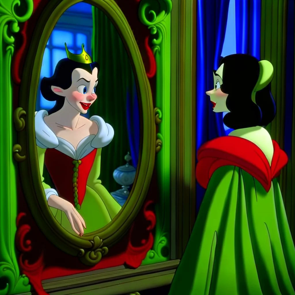 Snow White's stepmother stands in front of the mirror and asks a mirror, a mirror on the wall, who is the most beautiful of them all? From the mirror she sees a picture of an ugly and disgusting witch