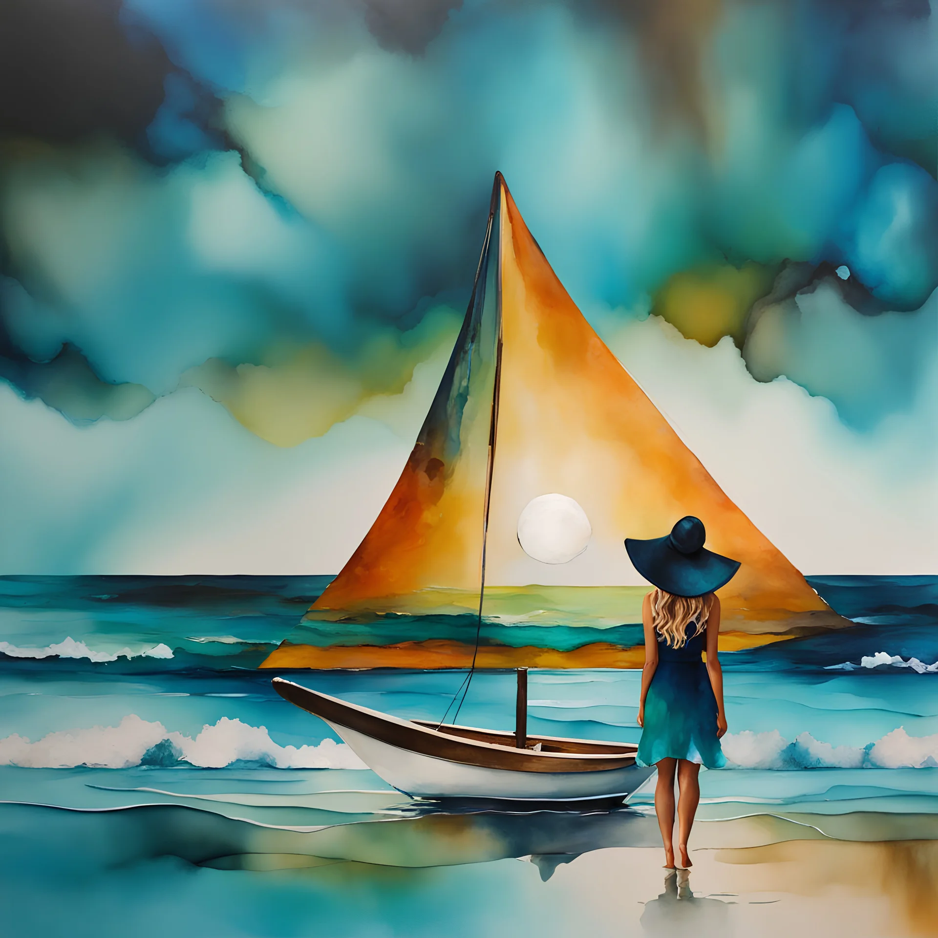 Alcohol ink art. Vibrant, fantasy, delicate, ethereal. Sailboat. Shades of blue, teal, aqua, turquoise, white. waves on shore. Sun. Woman, big hat, colorful beach umbrella. Background ink drip.