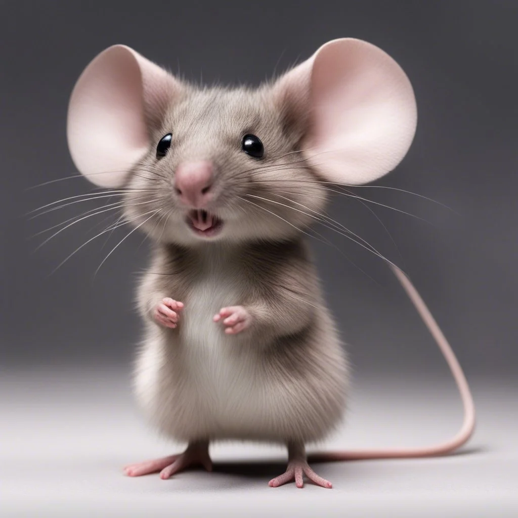 A small, fluffy mouse with prominent whiskers and large, round ears stands on its pink-tipped feet. Its fur is grayish-brown, black, and white, with a light brown center and transitioning dark edges. By EWS. The mouse's expressive, dark black glossy eyes give it a soulful look, and its mouth is slightly open. It holds an off-white signboard with 'I need my coffee...' in black handwritten cursive and a stylized coffee cup illustration. The mouse's pink nose adds a pop of color to the image.