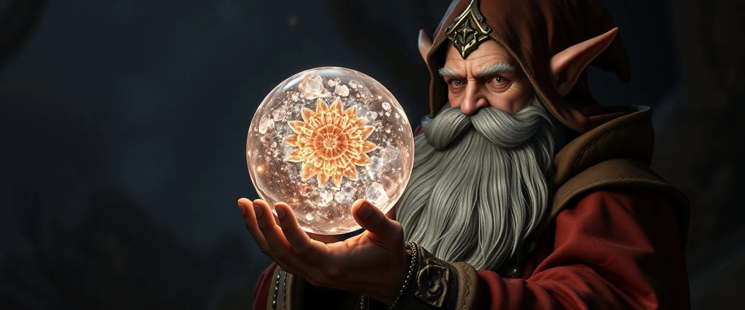 dwarven priest expert holding up a radiant Painite crystal rosette ball