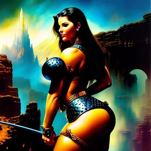 portrait oil on canvas,beautiful booty busty Female Warrior, minimal armor,comic book cover, mystical colors,insanely detailed,realistic,intrincate detail, 16k resolution, masterpiece,Frank Frazetta,Alex Horley, Simon Bisley,ARTHUR ADAMS