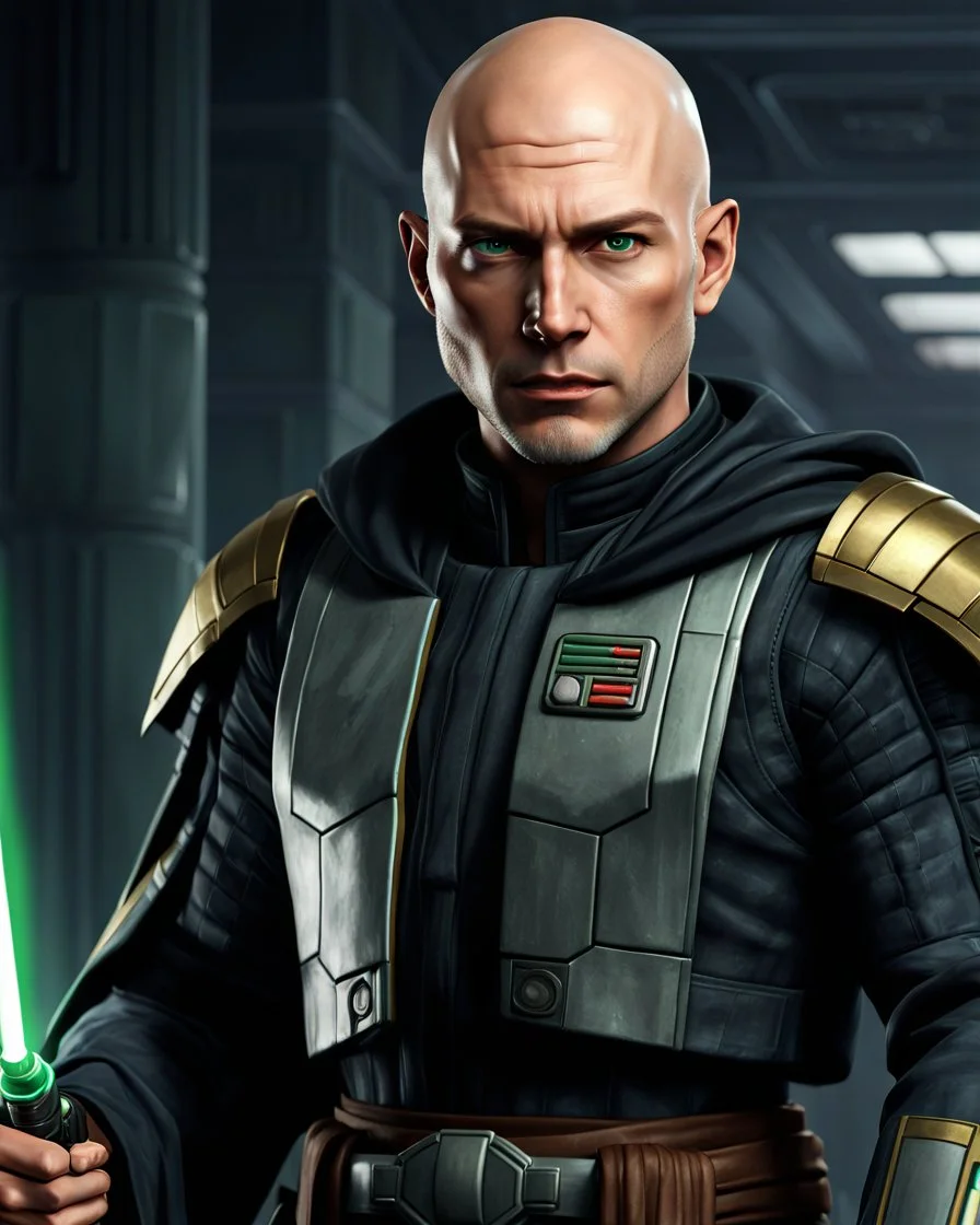 star wars bald male corellian jedi pilot wearing black and gunmetal grey old republic armored robes with gold trim inside the jedi temple holding a lightsaber with viridian green blade in left hand, centered head and shoulders portrait, hyperdetailed, dynamic lighting, hyperdetailed background, 8k resolution, volumetric lighting, light skin, fully symmetric details