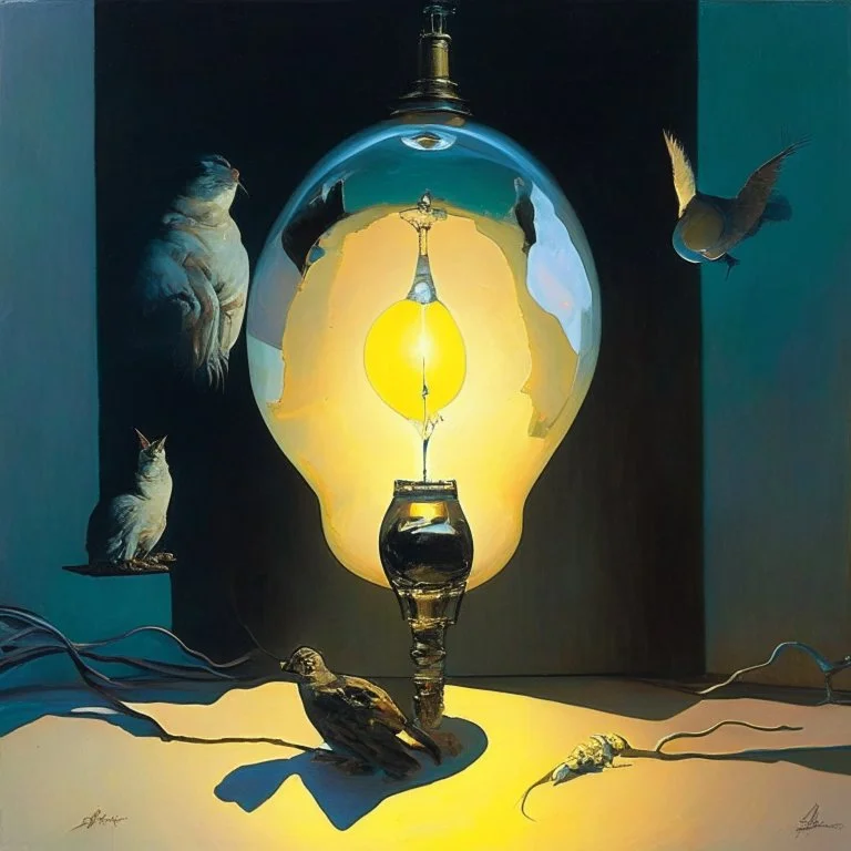 Abstract painting formed by a mix of human flesh-like surgical instruments and universe-like neuralink, a cat looking at a pigeon inside a huge bulb between light and shadow at dusk,surrealism,minimalism,Painting By Adrian Ghenie, Rene Magritte, Salvador Dali, Lucian Freud