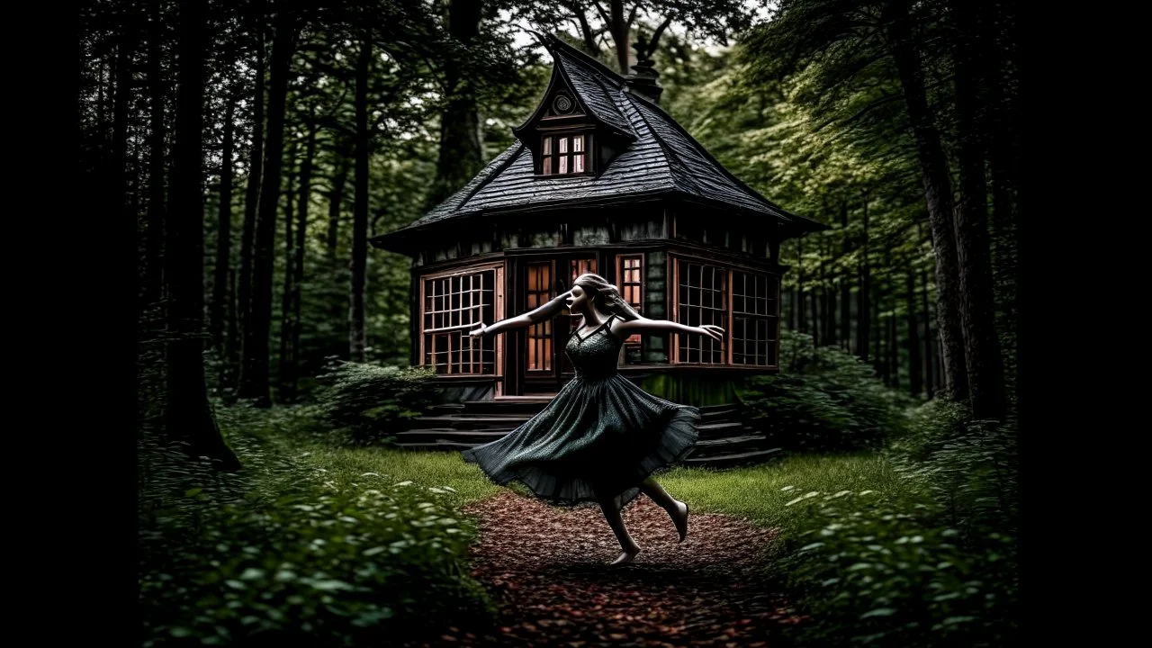 slim nymph dancing in a woodland clearing, with a gothic woodland house behind her.