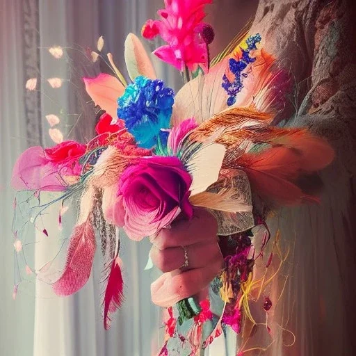 delicate bouquet of lace pearls and feathers, chiaroscuro, vivid colors, festive colors, dramatic lighting, beautiful composition, aesthetic layout