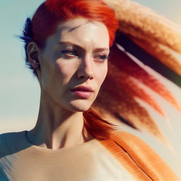 A beautiful portrait of a cyberpunk woman with lot's of grain on her skin red head with hair flying in the wind cyborg smiling facing camera orange color scheme, high key lighting, volumetric light high details with white stripes and feathers unreal 5, octane render, cinema4d, dynamic lighting, dramatic lighting, 4k, redshift render, highly detailed, hyper realistic