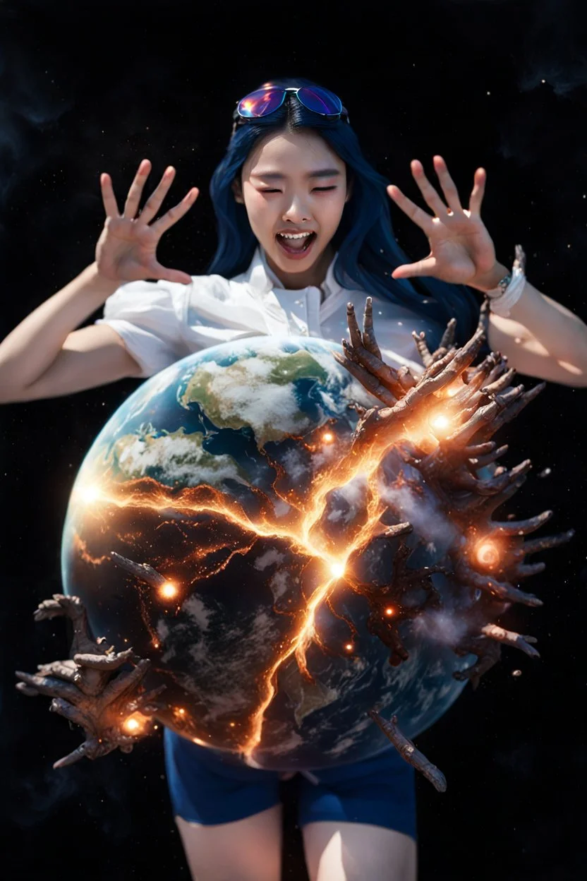 An image of a young Korean woman with a eyes closed expression happy, holding her hands up as if she is reacting to a catastrophic event in front of her. Film, cinematic, realistic, extreme depth of field, She is wearing a white blouse with detail, blue shorts, and sunglasses pushed up onto her head. In front of her, there is a highly detailed planet resembling Earth, dramatically cracking and breaking apart with fiery explosions and molten lava visible at the fractures.