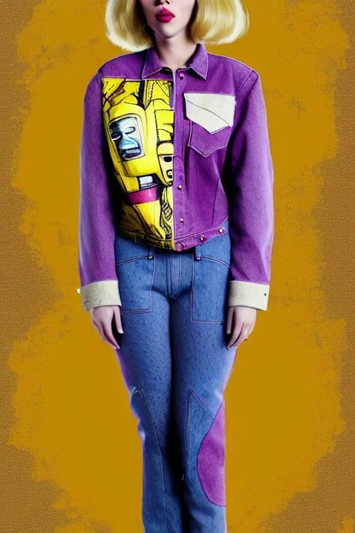 Photo of Scarlett Johansson. Huge printed on denim!!!! :terracotta, cream and purple, lilac and Cream latex parts are bagging. imperial yellow, red plum. Baggy jeans! plant print.European daft punk woman. Baggy jeans! Mantle is sewed of recycled Denim and sewed together of recycled polymer felt. lace, Yellow(Munsell) areas. hint of orange as effect color!!Big bright purple/khaki felt tippet and cream or blue or lilac colored-hood. mantle is merged with satchel, cobalt blue.