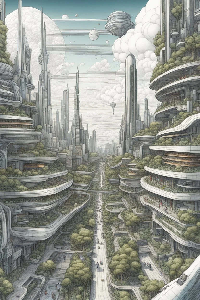 a highly detailed pencil and colour marker digital drawing of beautiful organic futuristic city in harmony with nature, full screen, fine details and contours, intricate, small minutiae, tiny features, particulars, sharp photo lens, acute outlines, digitally enhanced, least ambient occlusion, sidewalk view from the pedestrian perspective, wide angle camera, volumetric lighting, volumetric clouds, uhd, 8k, vitality colors, for book cover, enscape render, by antoni gaudí