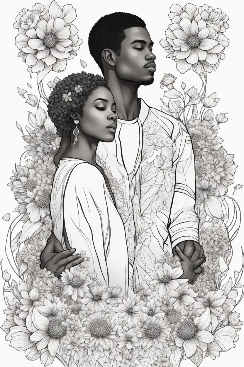 Create outline art of coloring page of a black couple surrounded by blossoming flowers symbolizing the growth and beauty of their love. white background, sketch style, half of body, only use outlines, Mandala style, clean line art, white background no shadows and clear and well outlined.