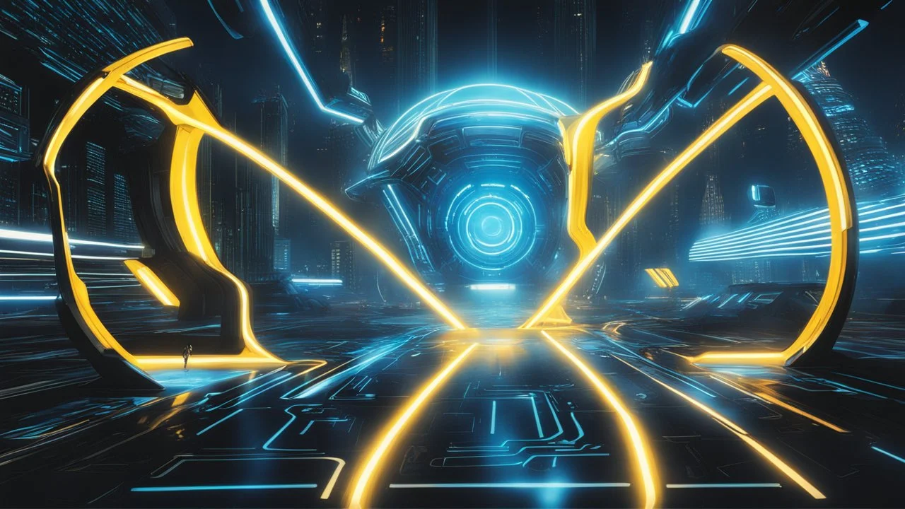 tron legacy movie, creatures programs from grid, space ships, city of the future, yellow, blue, red