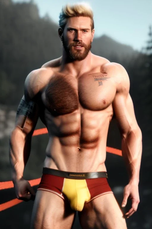 Ignore NSFW, teenager young rugged attractive slightly muscular fantasticly handsome blonde man, red briefs with yellow belt, hairy chest, (((visibly pisssing))) briefs, large erect visible boner peniss, photorealistic, artist Jay Anacleto, soft lighting, scruffy beard