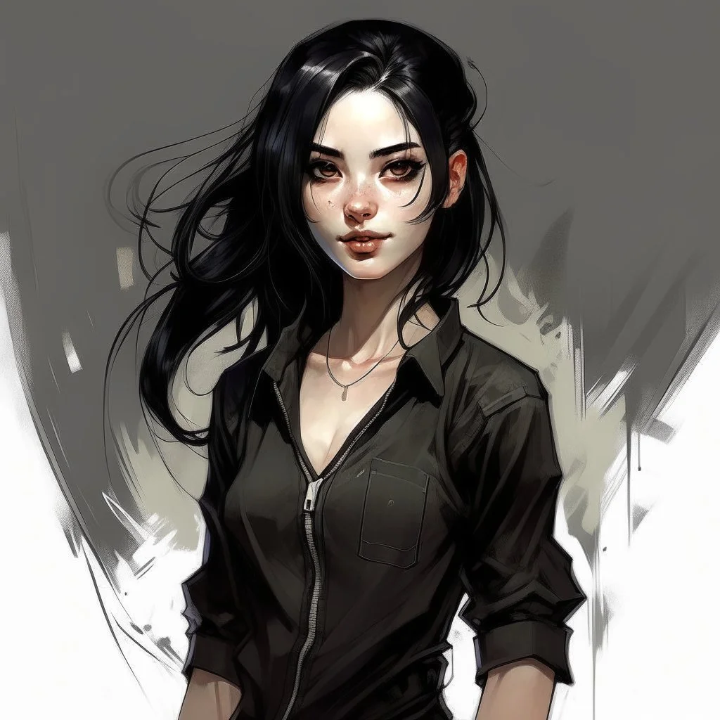 pretty girl, aged 15, black hair, black jumpsuit, dystopia