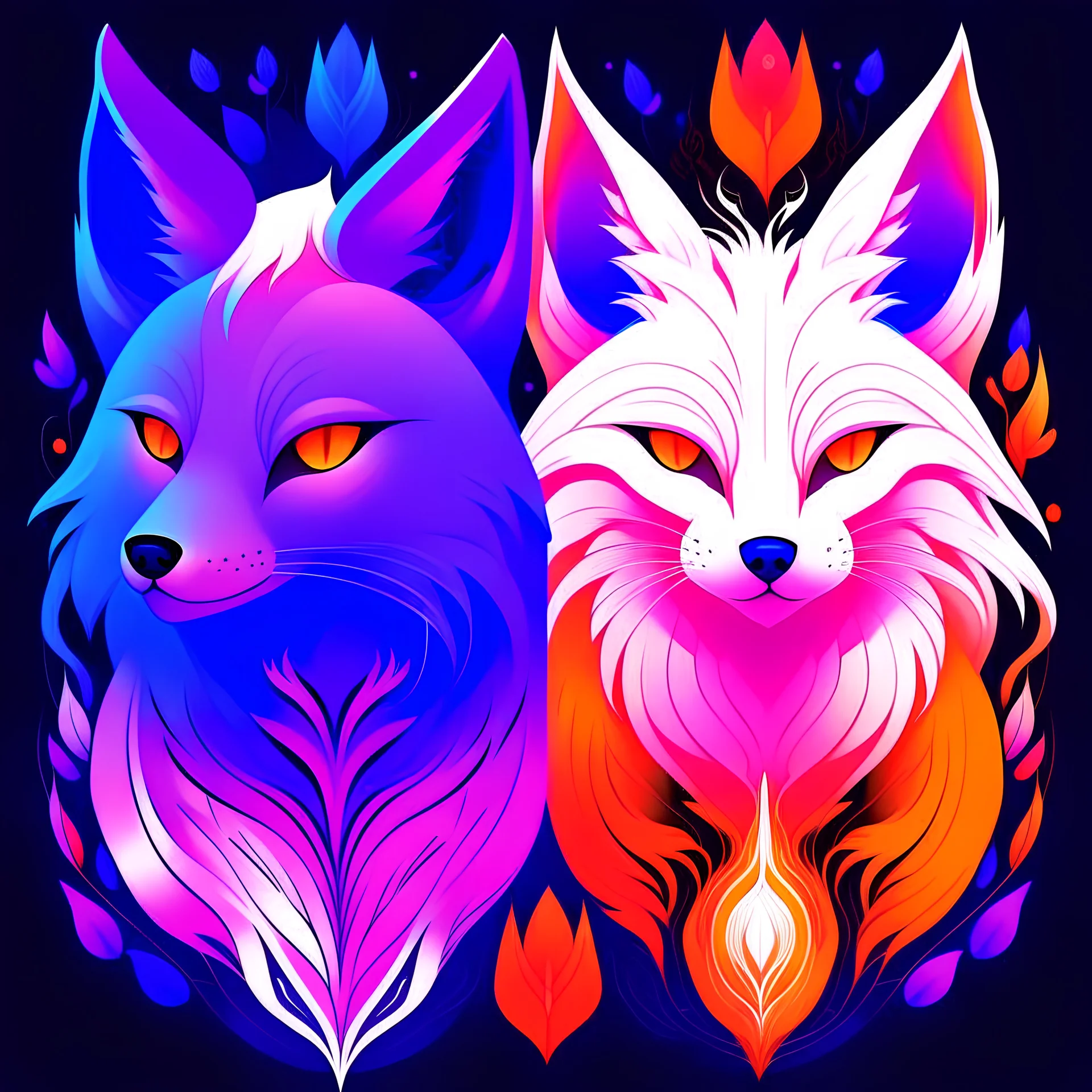 un zorro blanco con colores naranja y celeste, que el ojo izquierdo del zorro sea celeste y el ojo derecho de color naranja, que el fondo también cuente con estos mismos colores en forma de llamas, junto a un un gato negro con símbolos egipcios en la cara y ojos de color rosa con llamas que sean de color morado que salgan de sus ojos, en un ambiente con tonos morados