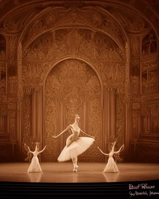 ballerina on stage of elaborate opera house, sepia photography, 8k resolution, high-quality, fine-detail, intricate, detailed matte, volumetric lighting, photo-realistic, candles, translucent gown, illustration, 3D octane render, brian froud, howard lyon, selina french, anna dittmann, annie stokes, lisa parker, greg rutowski,